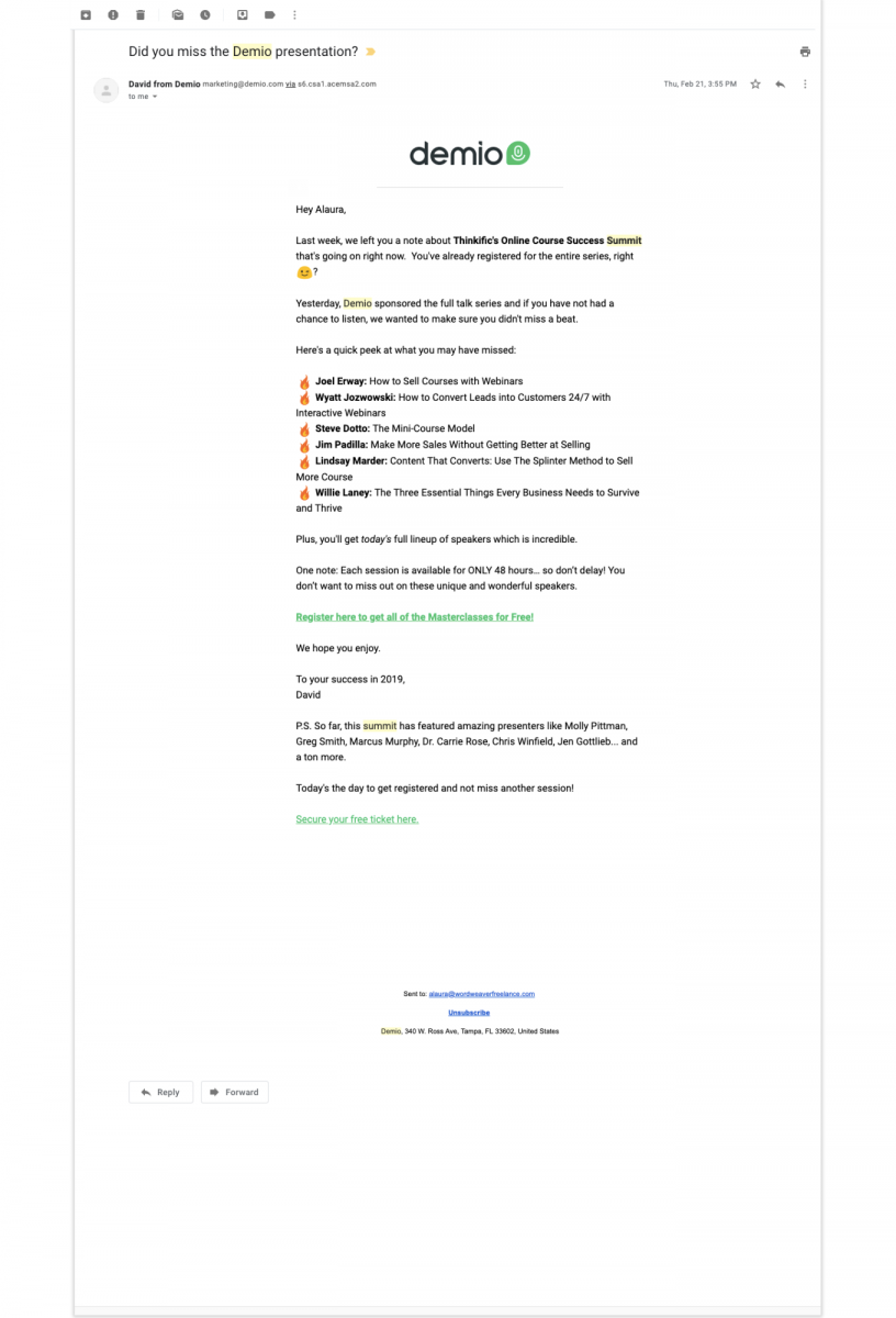 Evergreen Webinars Replay Emails - Demio Campaign