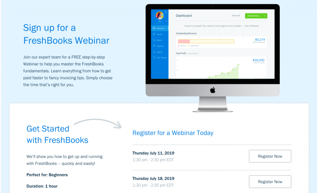 Freshbooks Landing page for Webinars