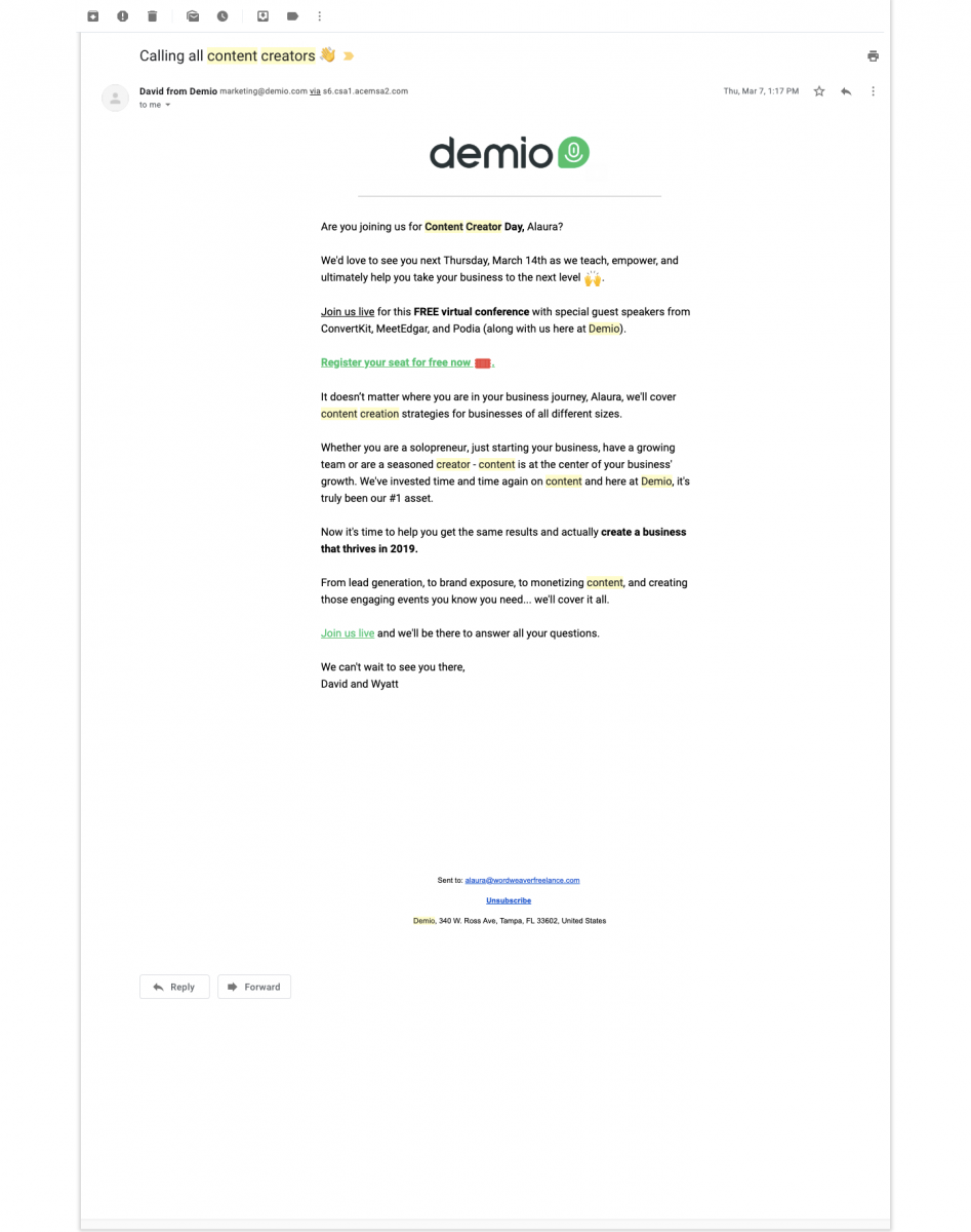 Evergreen webinars reminder emails - Demio campaign