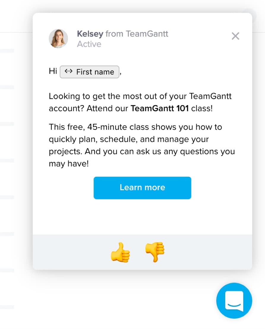 In-App Messages from TeamGantt