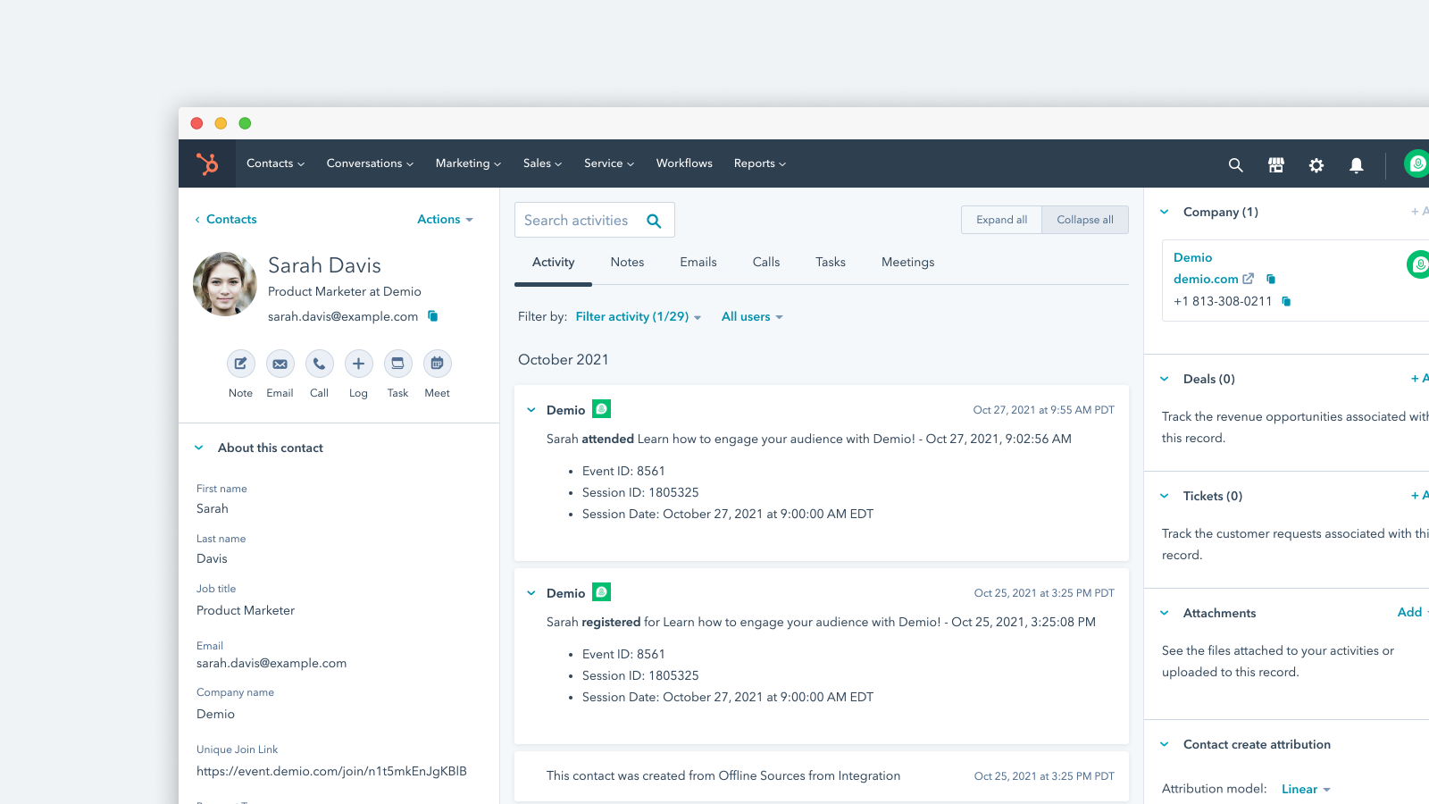 A screenshot of a contact page in HubSpot showing activity related to a Demio webinar