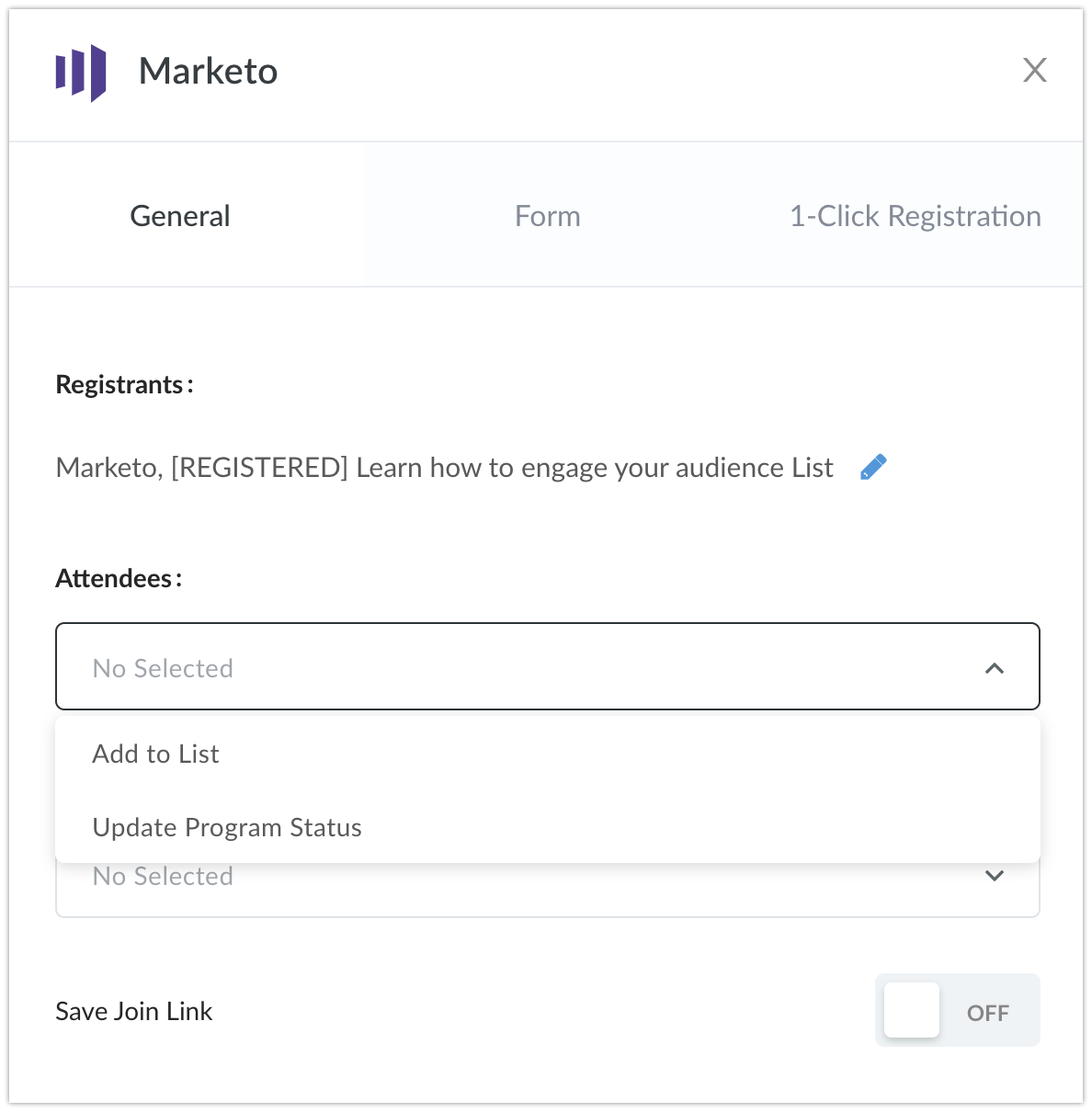 Screenshot of Marketo Integration in Demio with drop-down selection to segment list for attendees