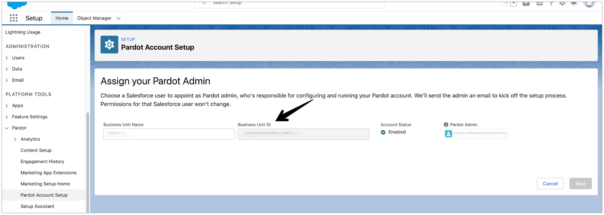 Screenshot of Pardot Account Setup to Assign Pardot Admin